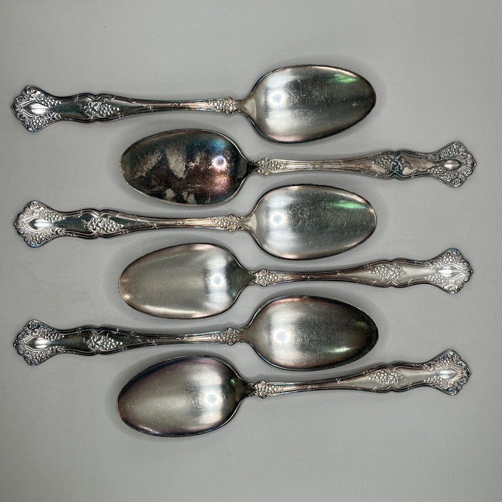 Antique 1847 Rogers Bros Quintuple Grape Silverplate Soup Spoons Set of 6 8"